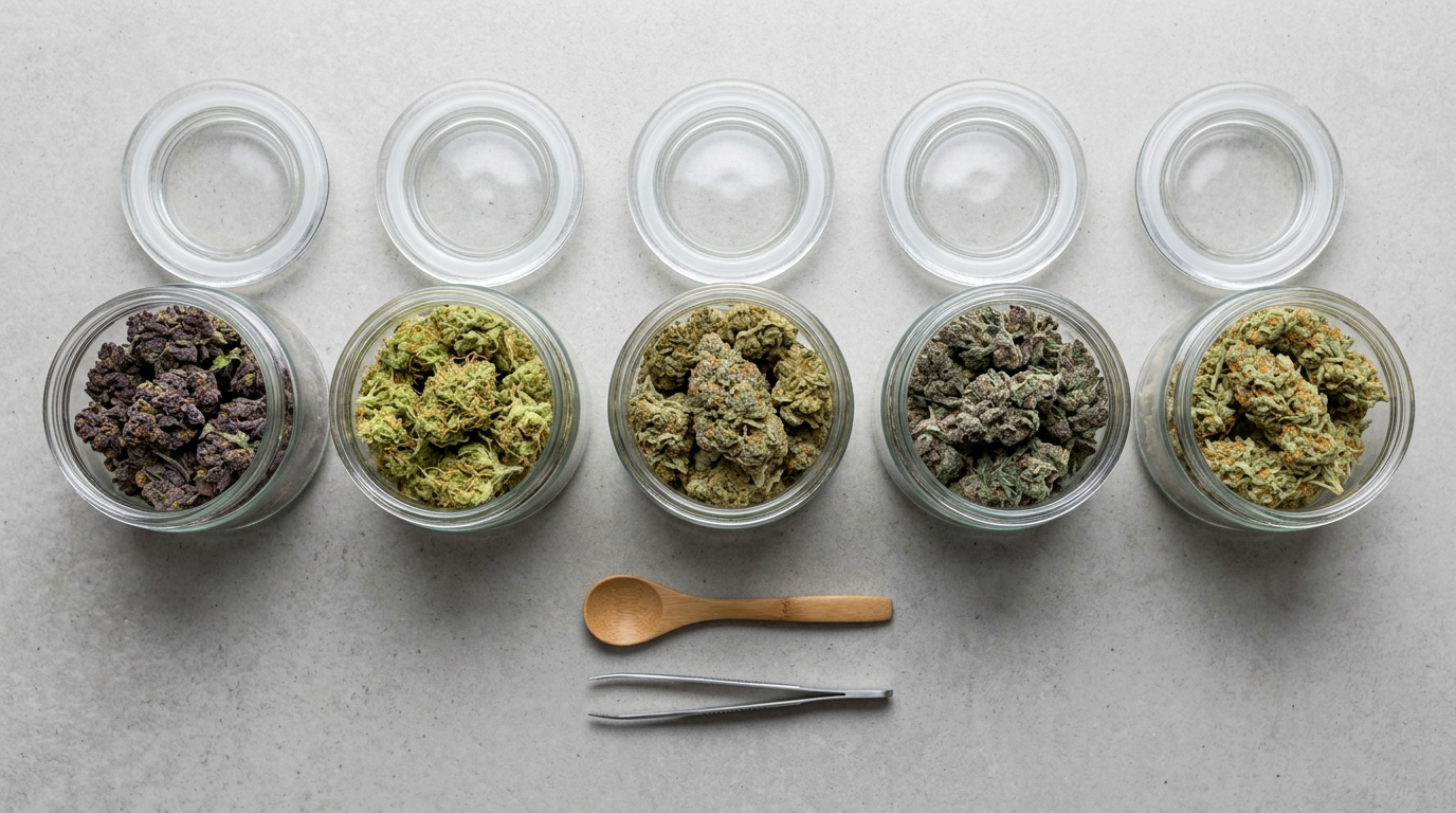 Comparison of multiple cannabis strains displayed in glass jars showing visual differences in bud color, density, and trichome coverage for strain selection guide