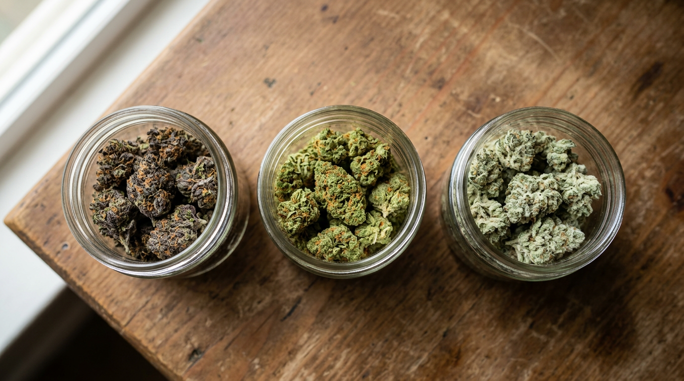 Three different cannabis strains displayed in glass jars showing color variation between Granddaddy Purple, Jack Herer, and Wedding Cake cultivars