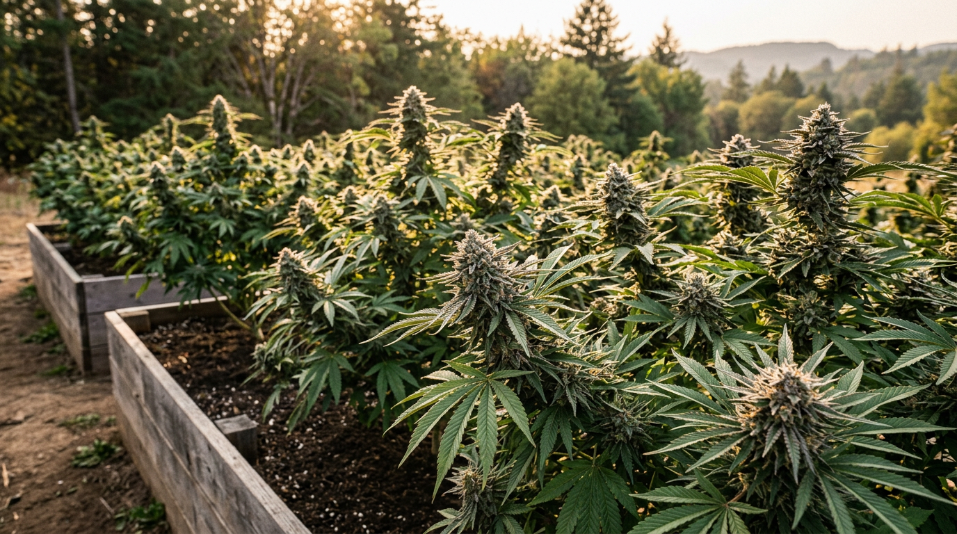 Mature cannabis plants in outdoor garden during flowering stage showing regional growing conditions and bud development for outdoor cultivation guide