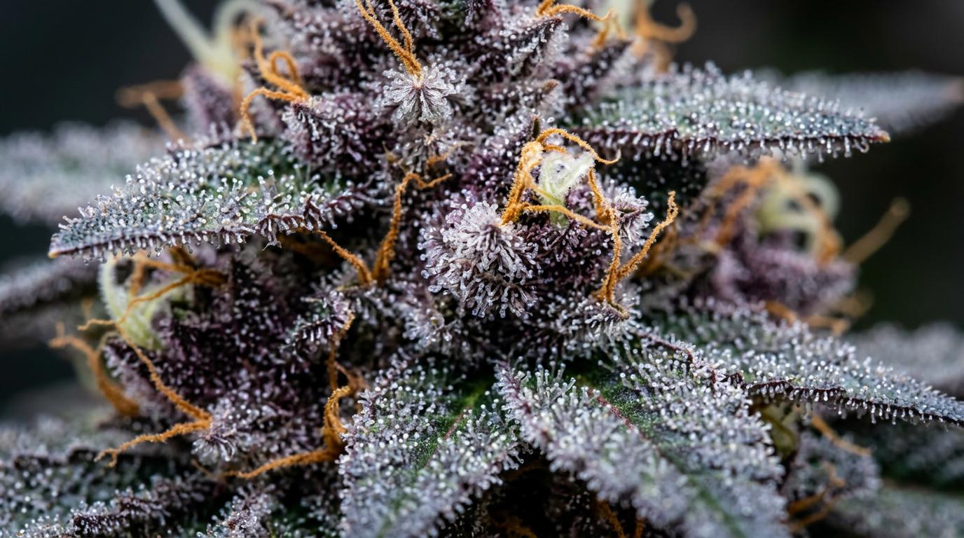 Detailed trichome crystals and resin structures on cannabis flower showing terpene-rich plant material for pain relief strains