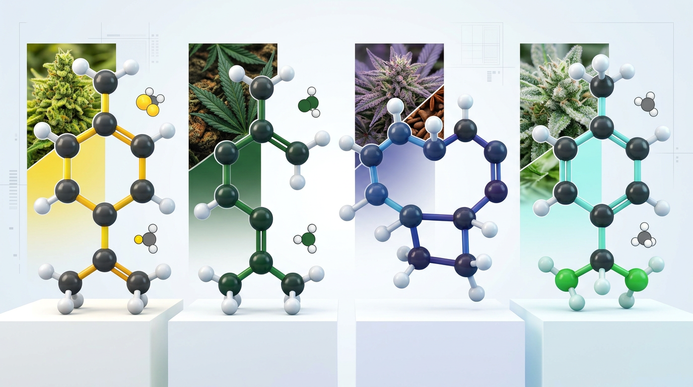 Cannabis terpene molecular structures visualization comparing limonene, myrcene, caryophyllene and terpinolene compounds for 2026 strain guide