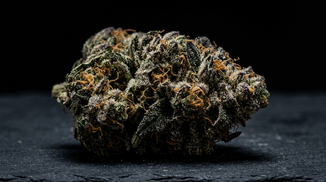 High-potency cannabis bud with heavy trichome coverage and resin production representative of 28-35% THC modern strains like Permanent Marker