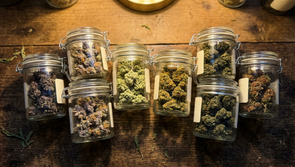 Multiple cannabis strains displayed in glass jars showing variety
