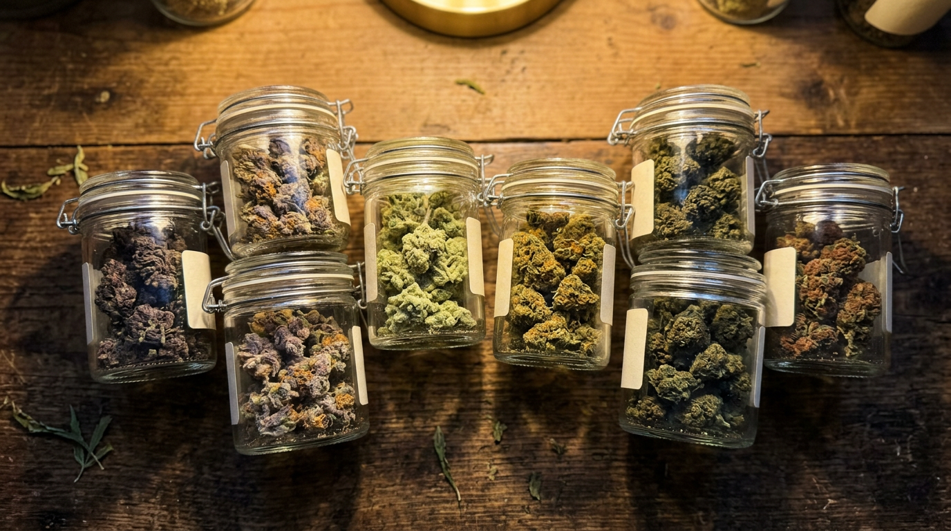 Multiple cannabis strains displayed in glass jars showing variety