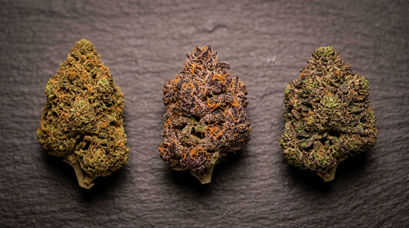 Indica cannabis strain comparison showing Northern Lights, Granddaddy Purple, and Bubba Kush buds with terpene profiles for sleep