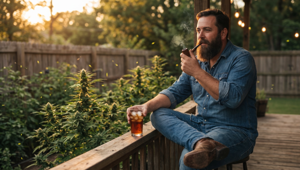 Cannabis grower and sleep specialist Travis on Texas porch with indica plants, demonstrating the relaxation and evening ritual of sleep-focused cannabis consumption