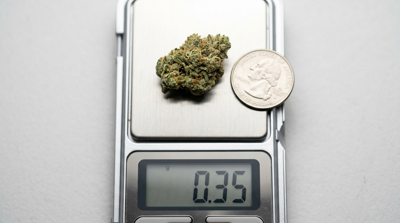 Cannabis micro-dosing scale showing minimum effective dose measurement for sleep strain consumption