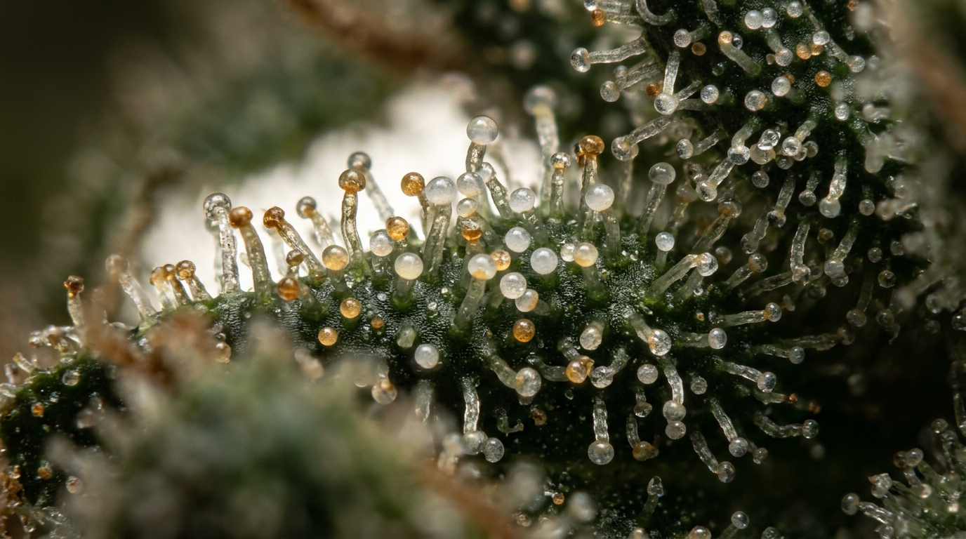 Macro photograph of cannabis trichomes showing THC and CBD crystalline structures for sleep-strain analysis