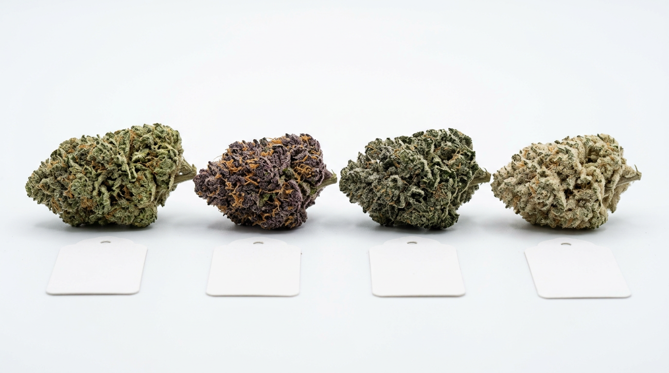 Indica strain comparison photography showing Northern Lights, Granddaddy Purple, Bubba Kush, and Ice Cream Cake buds with terpene profile labels