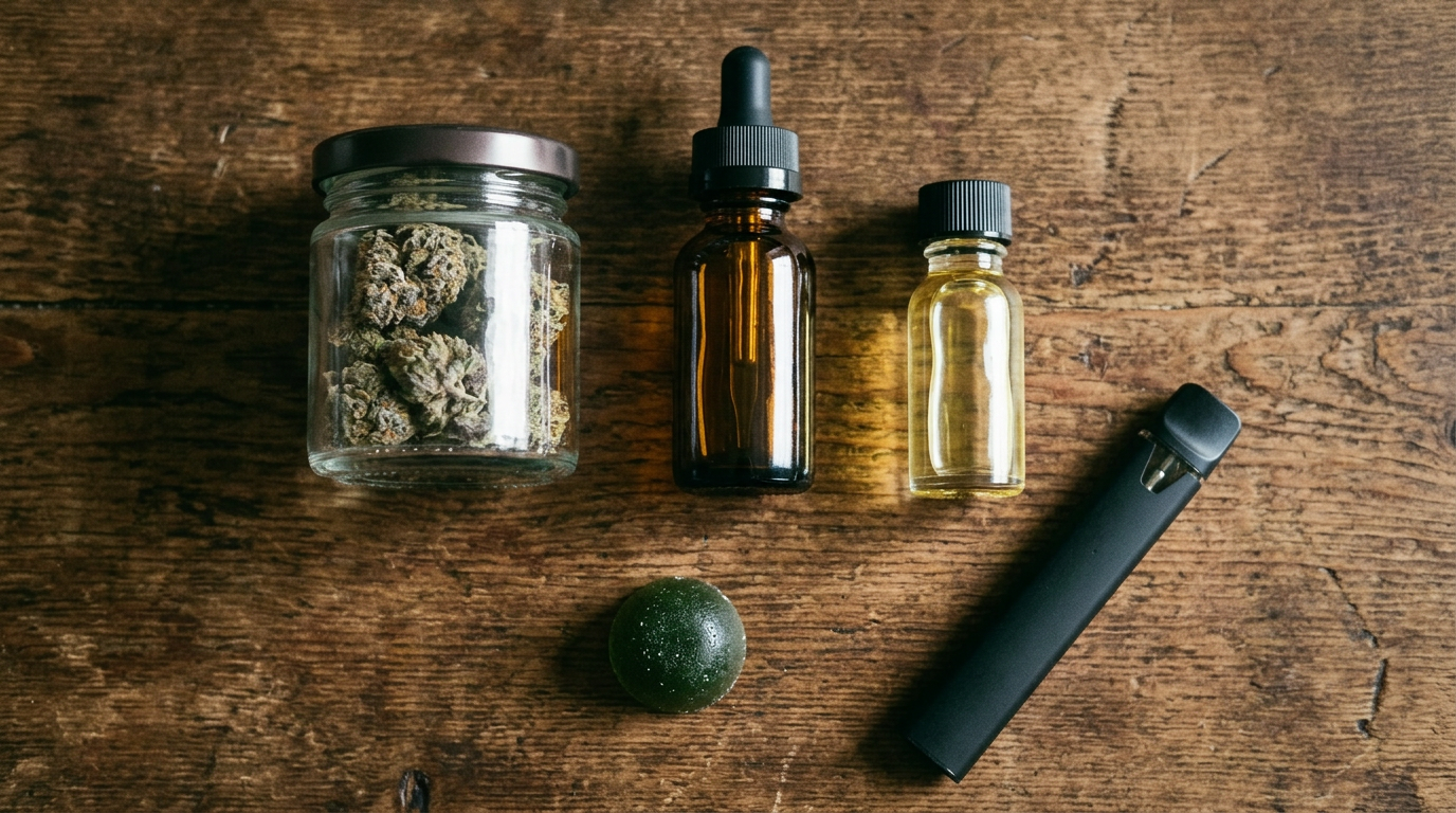 Cannabis sleep products comparison including indica flower, CBD tincture, CBN oil, and edibles for various consumption methods