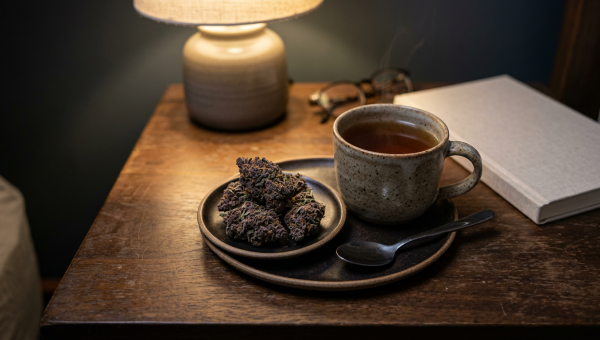 Indica cannabis buds in a relaxing bedside setting for sleep