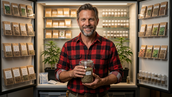 Experienced cannabis seed buyer and grower Darrel holding organized seed storage containers in climate-controlled cabinet
