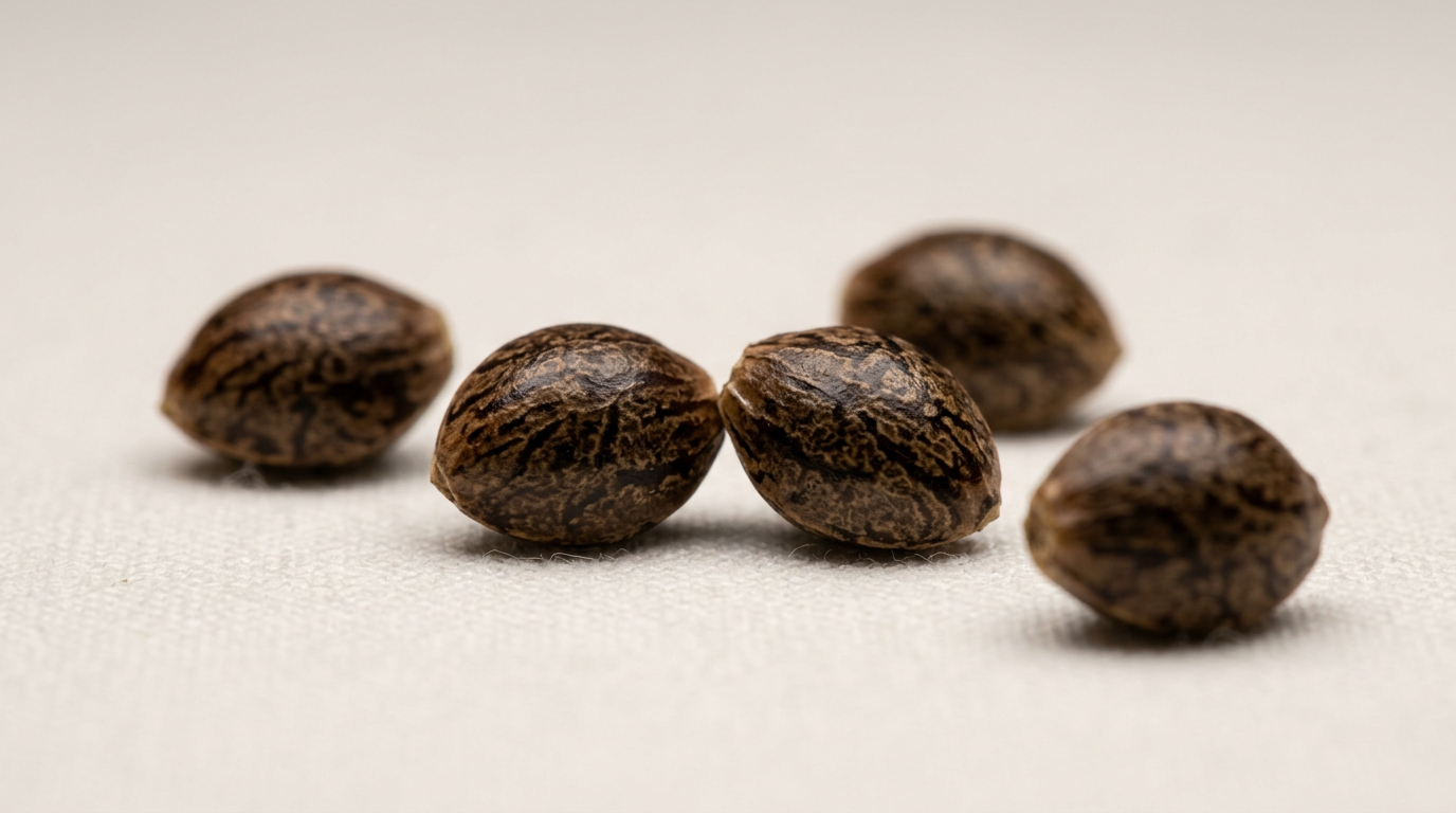 High-quality cannabis seeds showing dark brown coloration, tiger-stripe patterns, and waxy coating indicating proper maturation and viability