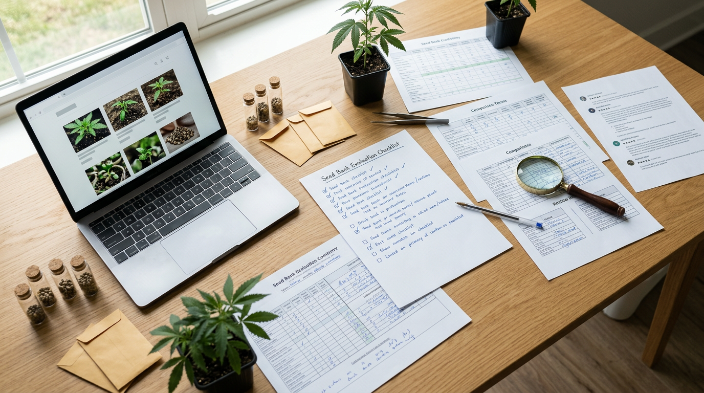 Cannabis seed bank evaluation process with comparison documents, magnifying glass, and laptop showing research and verification steps