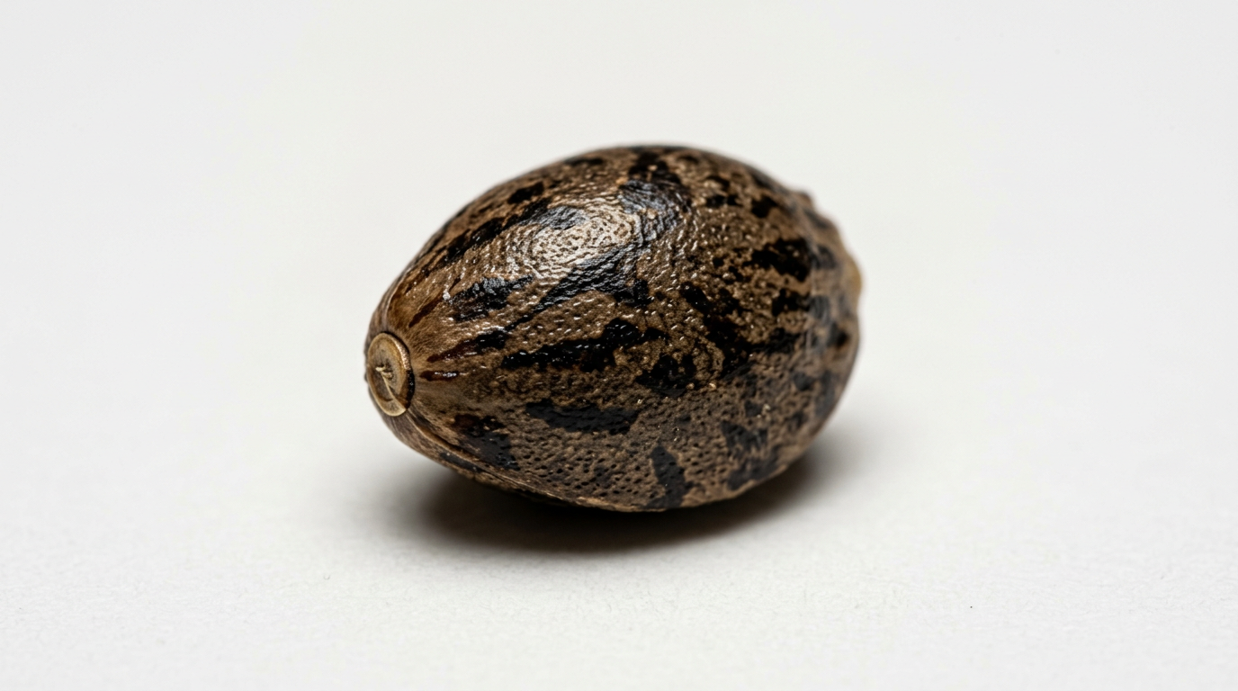 High-quality cannabis seed close-up showing mature seed coat coloration, tiger striping, and viability indicators