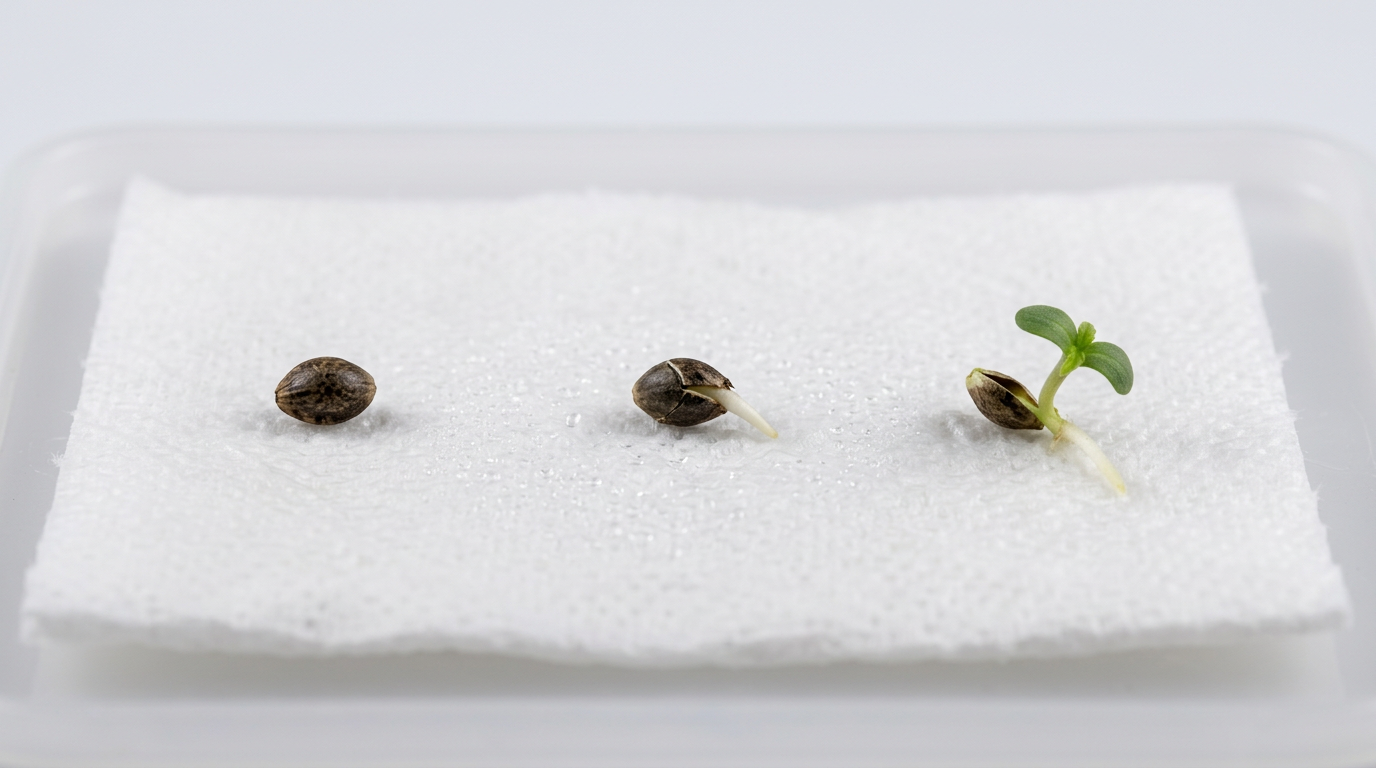 Cannabis seed germination process showing paper towel method with seeds at different stages from dry to sprouted taproot