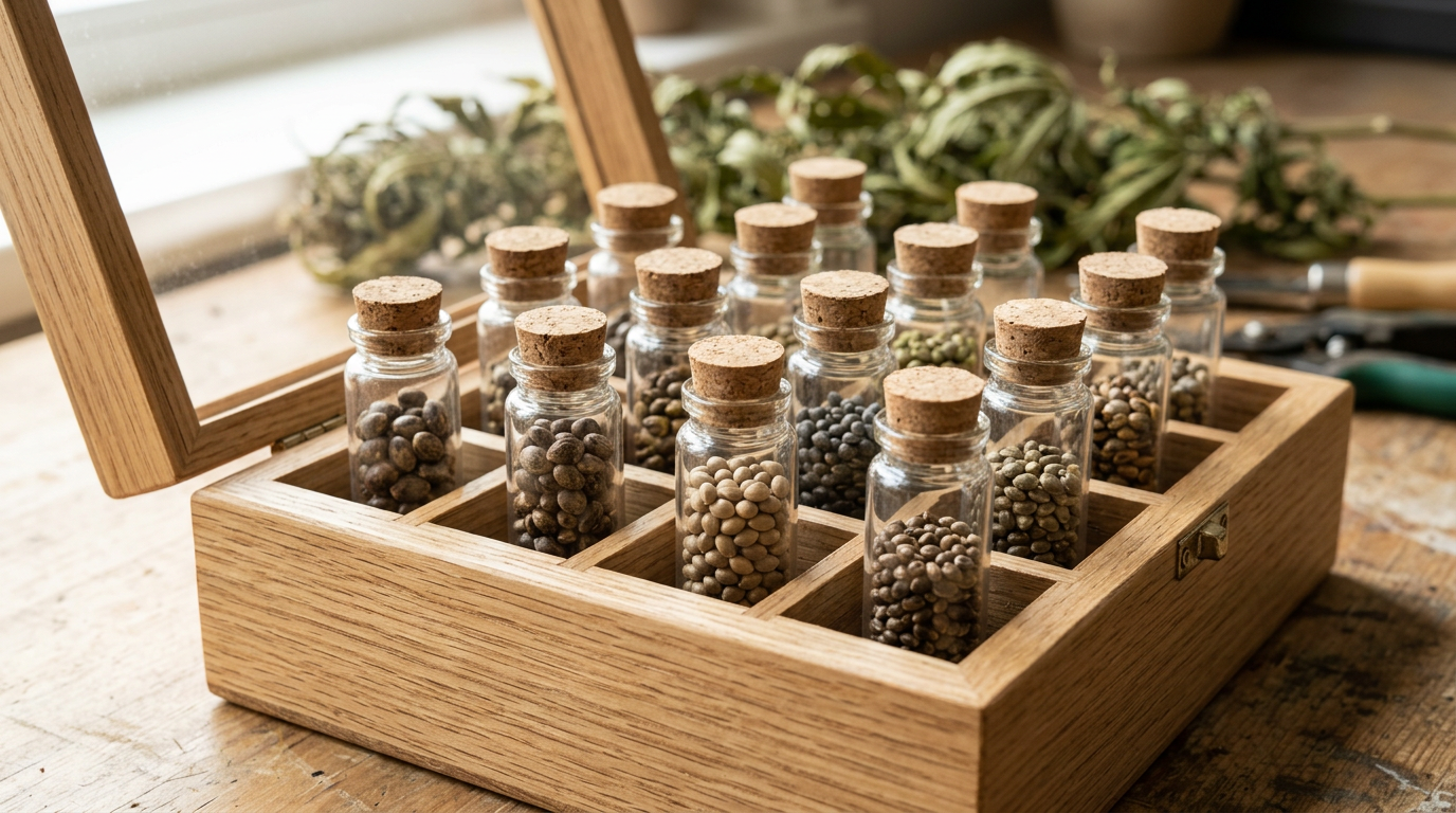 Cannabis seed collection showing regular feminized and autoflower seed types in labeled glass storage containers