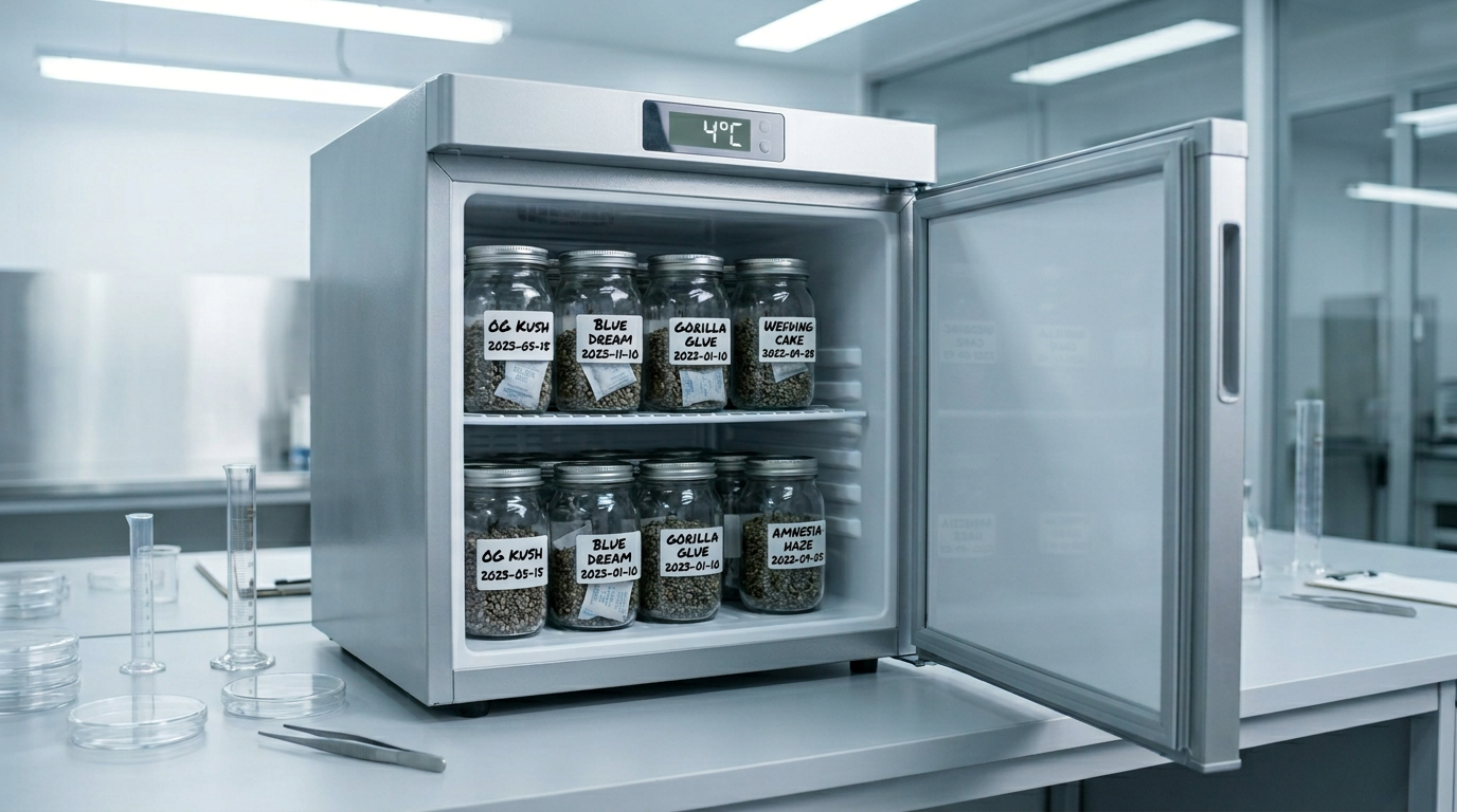 Proper long-term cannabis seed storage in refrigerator with airtight containers, desiccant packets, and strain labeling