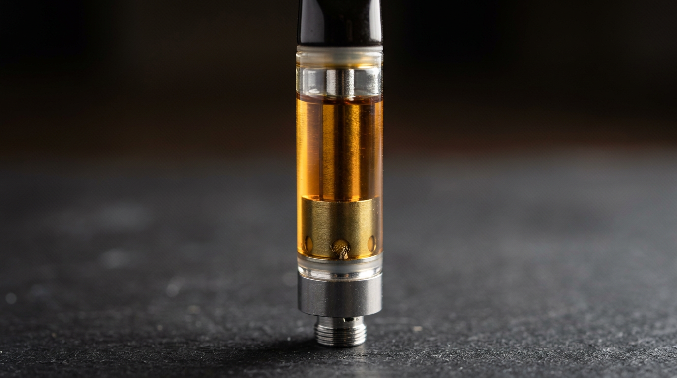 Close-up of cannabis vape cartridge showing oil oxidation and degradation over time, illustrating how to identify old vape carts