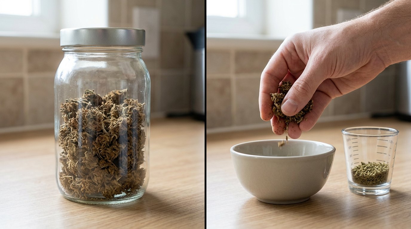 Old degraded cannabis flower being repurposed into cannabutter or infused oil, showing practical uses for expired weed