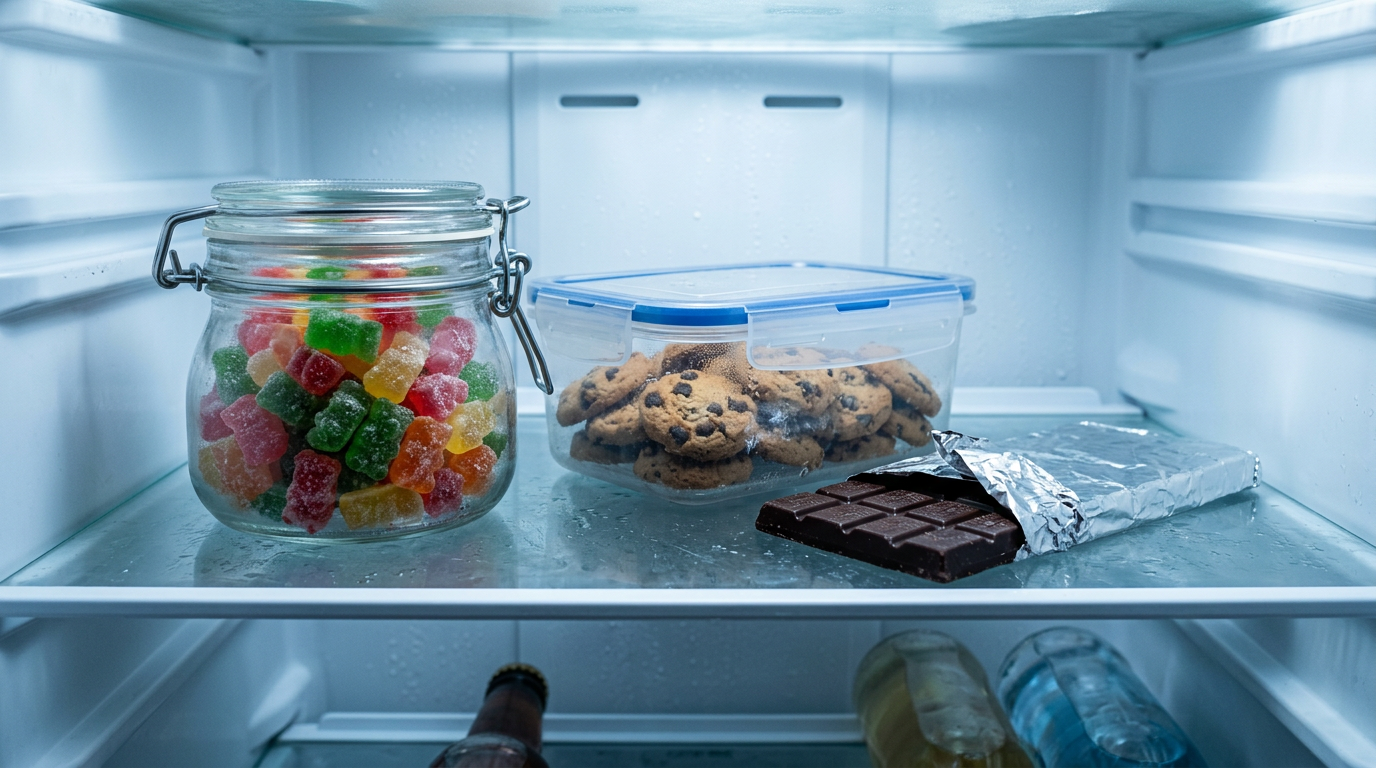 Assorted cannabis edibles including gummies, chocolate, and baked goods stored in a refrigerator with visible expiration date labels