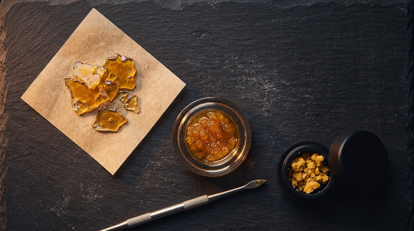 Cannabis concentrates flat lay showing golden shatter on parchment paper, live resin in glass jar, and wax in silicone container on dark slate