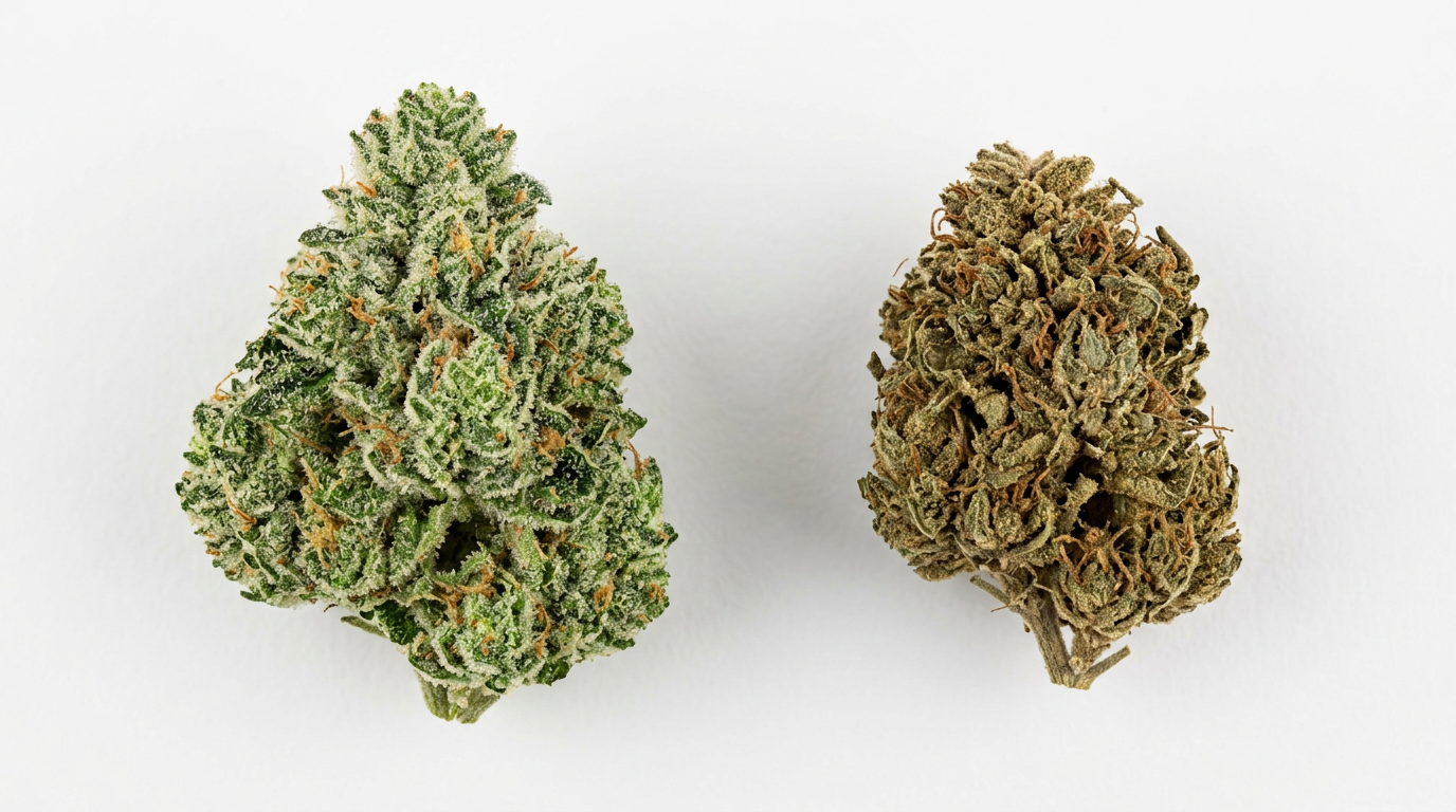 Fresh green cannabis bud with visible trichomes next to an aged brownish bud showing quality degradation comparison