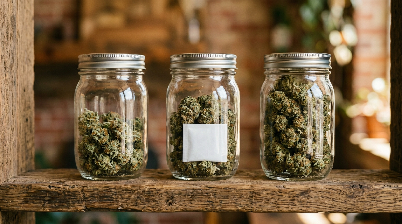 Three glass mason jars storing cannabis flower with humidity control packs for long-term freshness