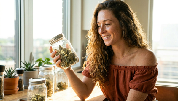 Cannabis lifestyle writer Jessica Reed examining a glass jar of aged cannabis flower, checking for freshness and quality degradation