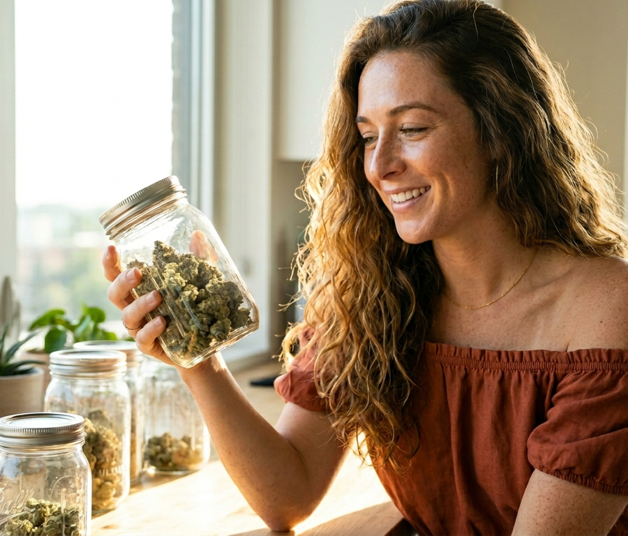 Cannabis lifestyle writer Jessica Reed examining a glass jar of aged cannabis flower, checking for freshness and quality degradation