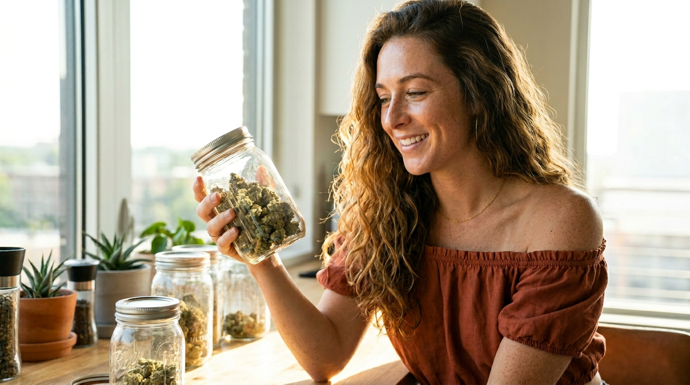 Cannabis lifestyle writer examining a glass jar of cannabis flower in a bright Los Angeles kitchen surrounded by various cannabis products