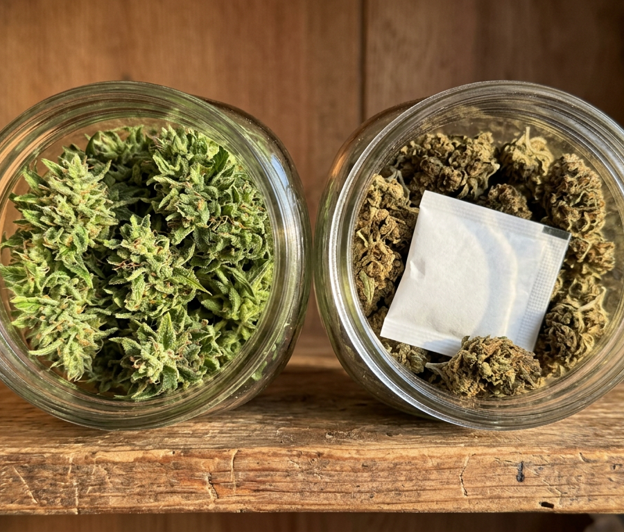 Fresh cannabis buds compared to aged buds in glass storage jars