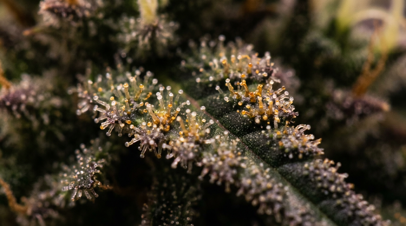 Macro photograph of cannabis trichomes showing THC and cannabinoid crystals, illustrating the science behind edible potency and 11-hydroxy-THC conversion