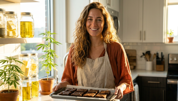 Woman in kitchen making homemade cannabis edibles with cannabutter and baked goods