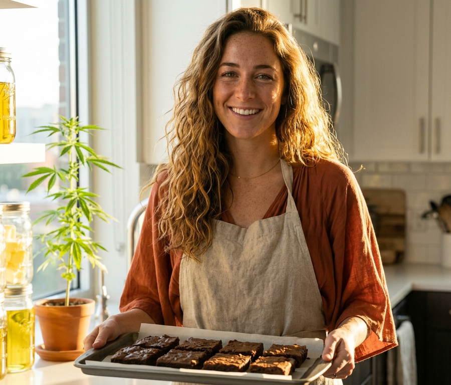 Woman in kitchen making homemade cannabis edibles with cannabutter and baked goods