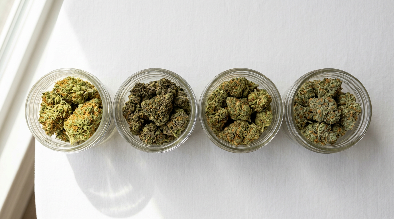 Cannabis strain comparison in glass jars showing visual differences between sativa, indica, and hybrid edible strains for flavor and effect pairing