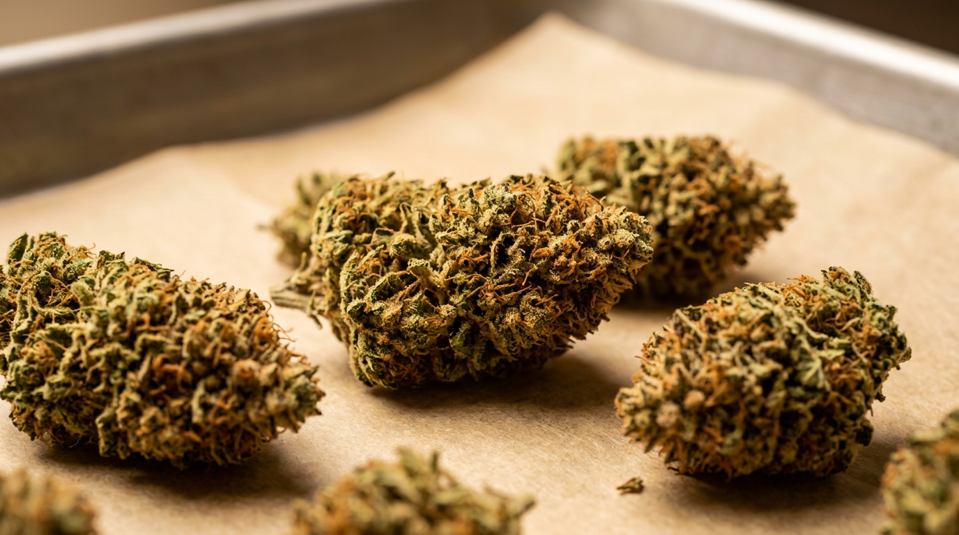 Decarboxylated cannabis flower on baking sheet showing golden-brown color from proper decarboxylation process