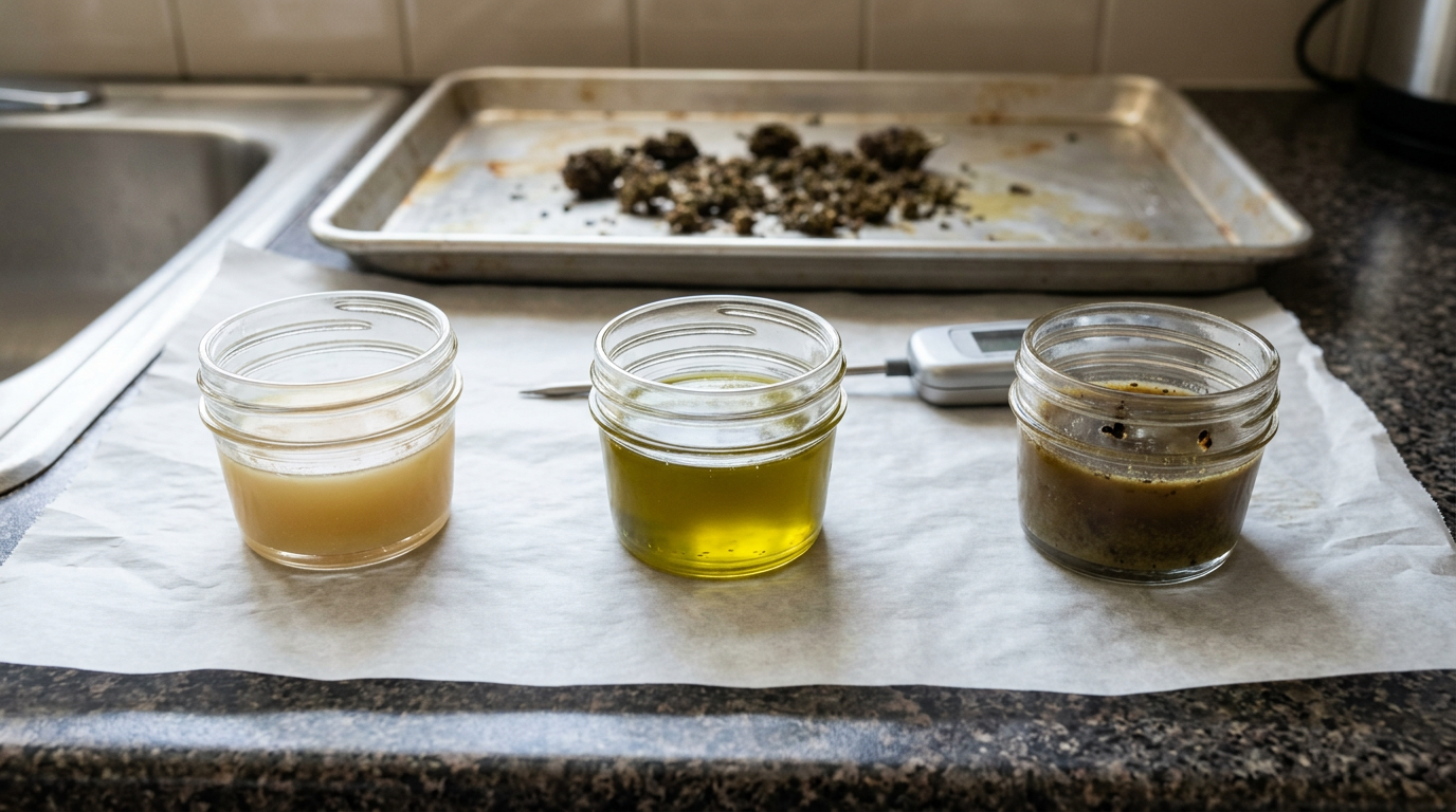 Cannabis-infused butter color comparison showing proper decarboxylation and infusion temperatures versus over-extraction mistakes in homemade edible making