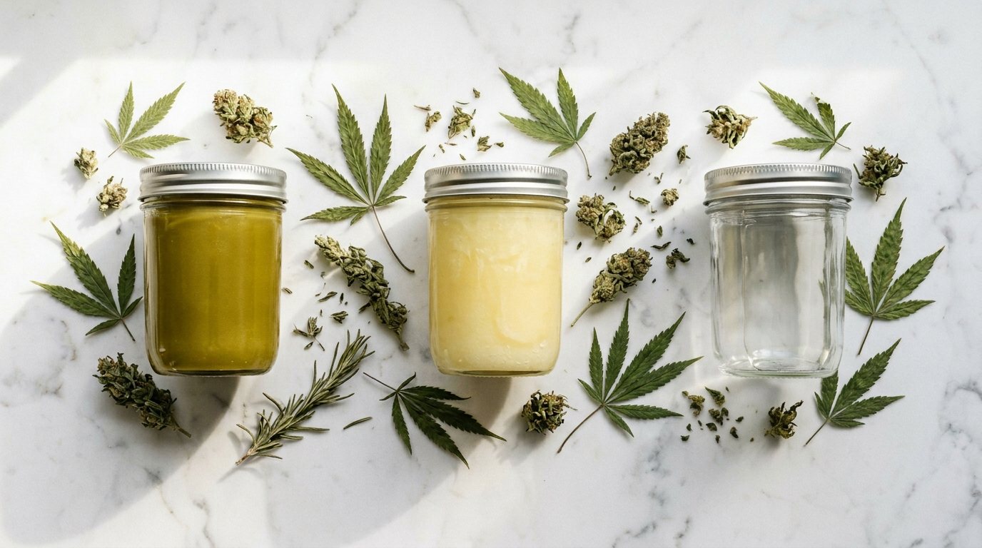 Infused cannabis oils and cannabutter in glass jars showing different fat sources for edible preparation