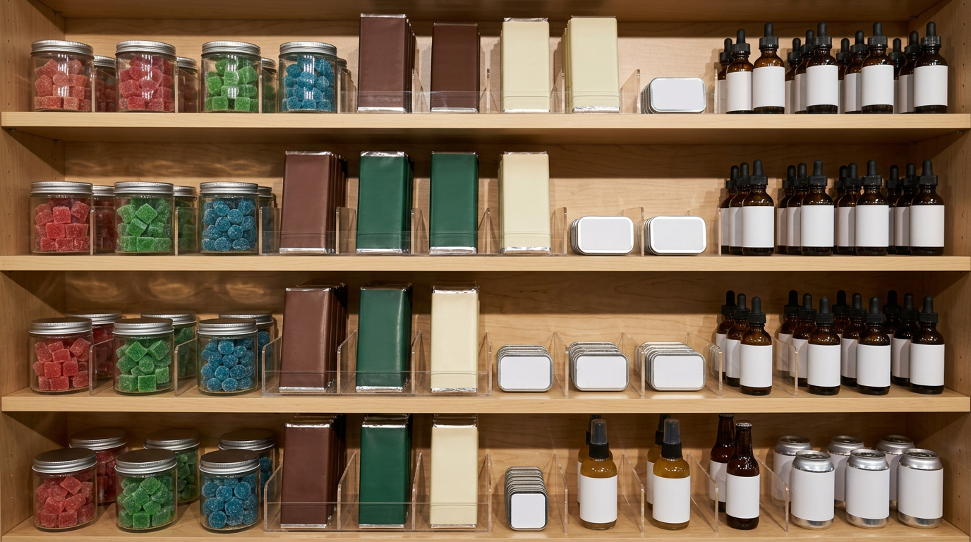 Commercial cannabis edible products on dispensary shelf showing variety of formats including gummies, chocolates, and beverages with dosage labeling for consumer guidance