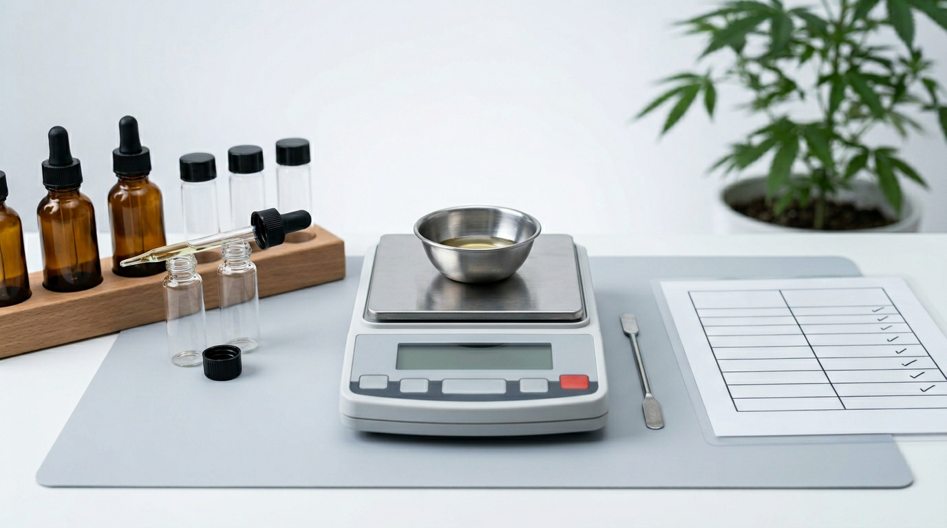 Precise dosing measurement of cannabis edibles using scale and measuring containers for accurate THC content