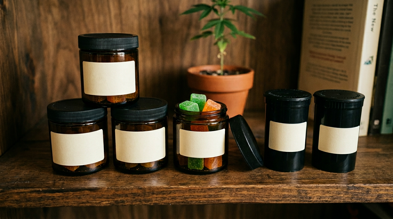 Properly stored cannabis edibles in child-resistant labeled containers demonstrating safe storage practices and dosage tracking for homemade and commercial products