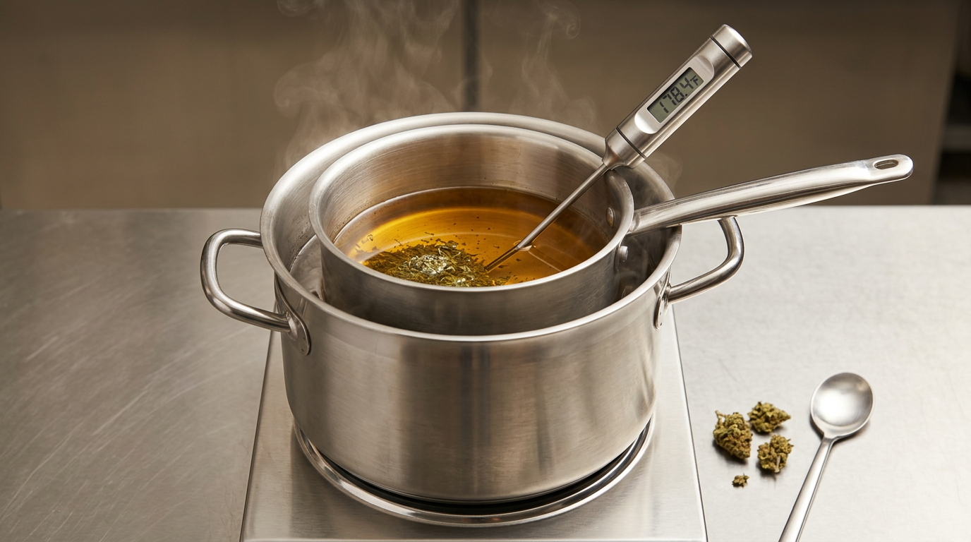 Cannabis infusion double boiler setup with temperature control for proper cannabinoid extraction in edible making