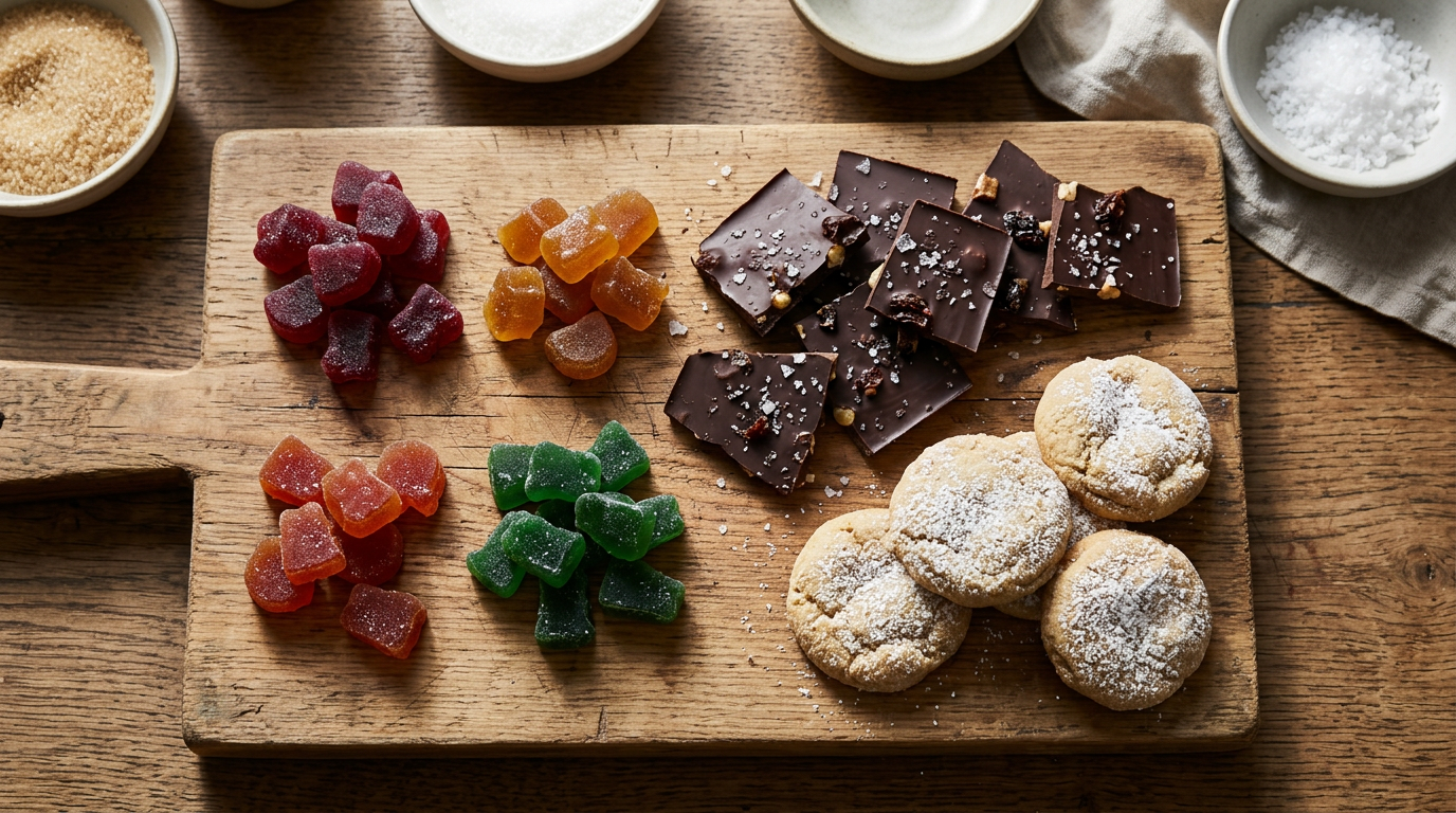 Variety of homemade cannabis edibles including gummies, chocolates, and baked goods in different strain flavor profiles