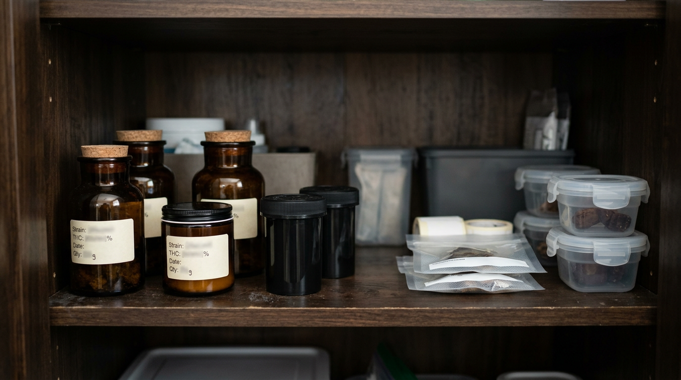 Properly labeled and stored cannabis edibles in child-resistant containers with clear dosage information and expiration dates