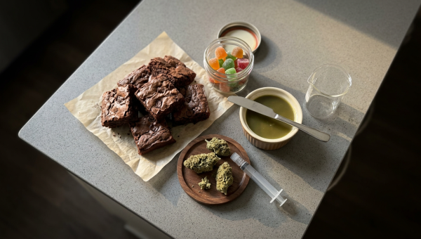 Homemade cannabis edibles with brownies, gummies, and infused butter