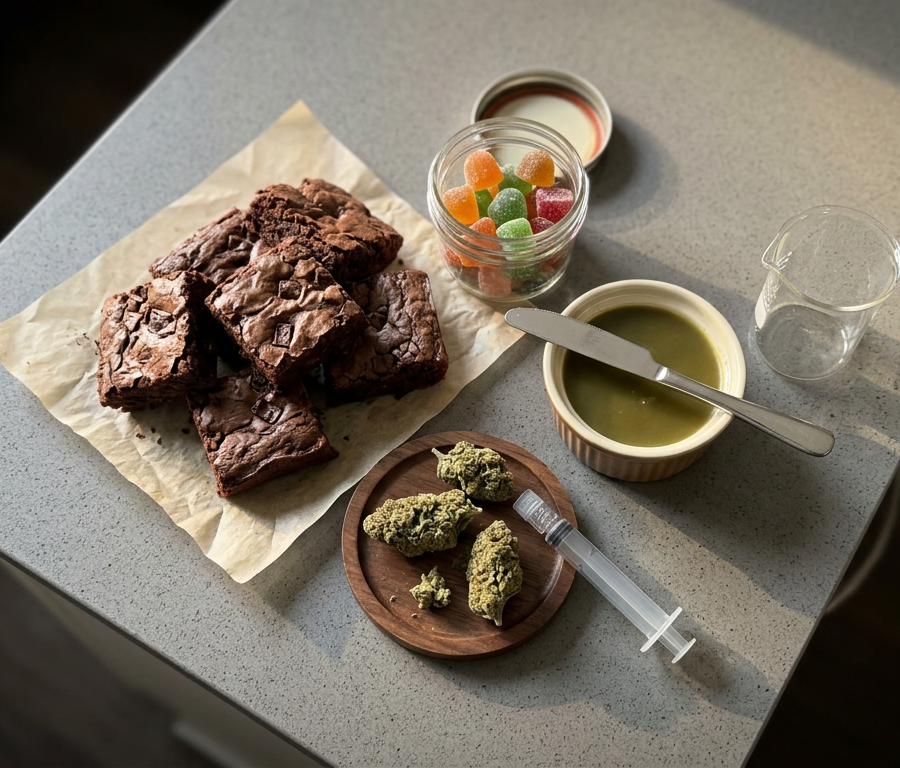 Homemade cannabis edibles with brownies, gummies, and infused butter