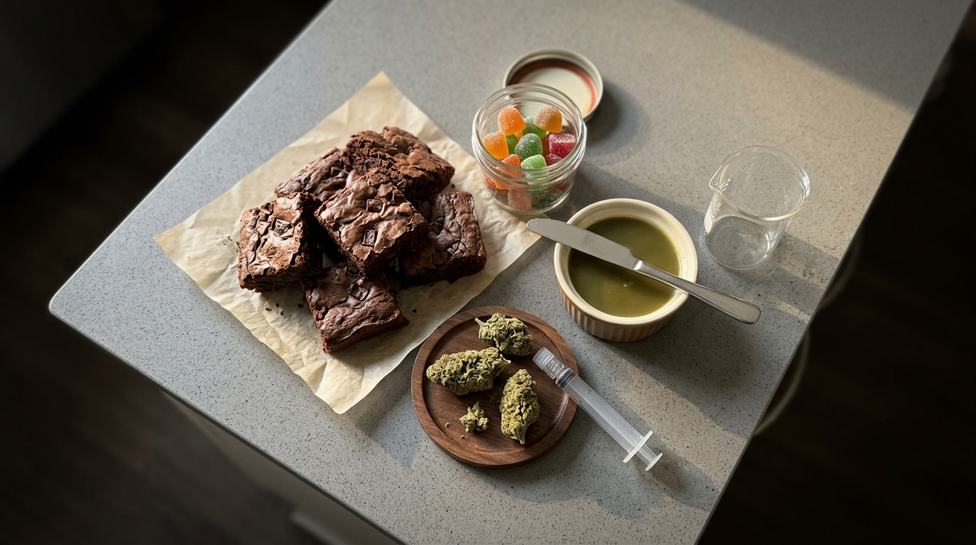 Homemade cannabis edibles with brownies, gummies, and infused butter