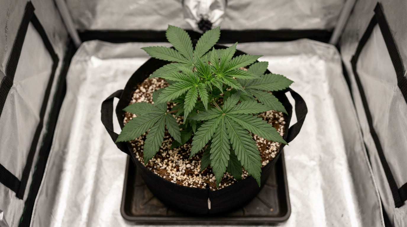 Healthy cannabis plant in vegetative stage showing clean dark green foliage without nutrient deficiency or disease symptoms for growth stage diagnosis