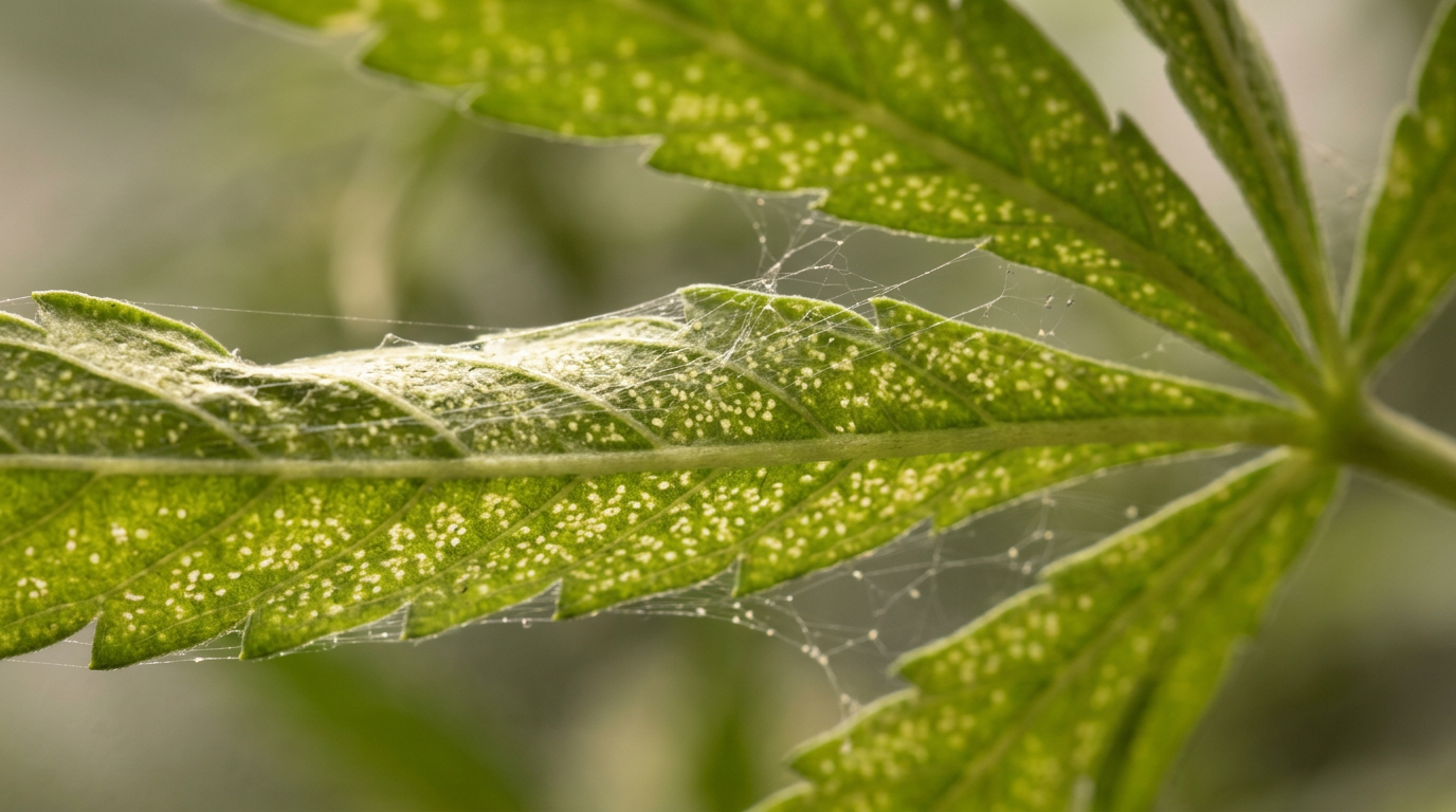 Spider mite damage on cannabis leaf underside showing pale stippling dots and fine webbing characteristic of pest infestation